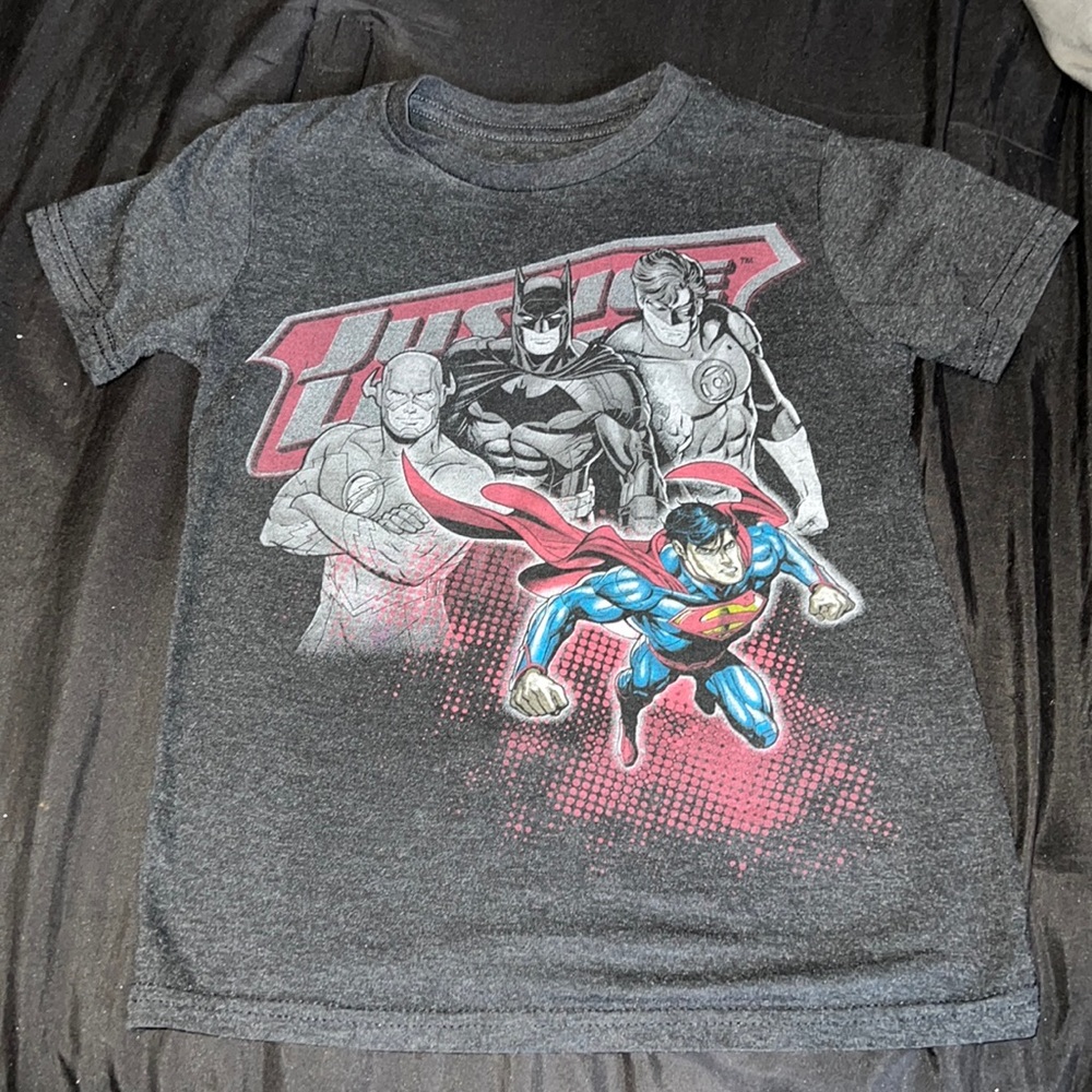 Justice League Kid Boy Youth Superhero Charcoal Gray Graphic Short Sleeve Shirt
